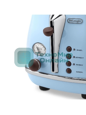 Тостер DeLonghi CTOV 2103.AZ, 900 Вт, на 2 тоста, разморозка, обжаривание, решетка для подогрева, поддон, голубой