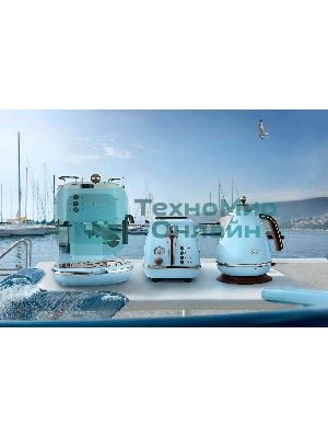 Тостер DeLonghi CTOV 2103.AZ, 900 Вт, на 2 тоста, разморозка, обжаривание, решетка для подогрева, поддон, голубой