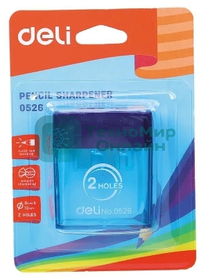 Точилка для карандашей ручная Deli E0526, 2 отверстия, пластик, ассорти блистер