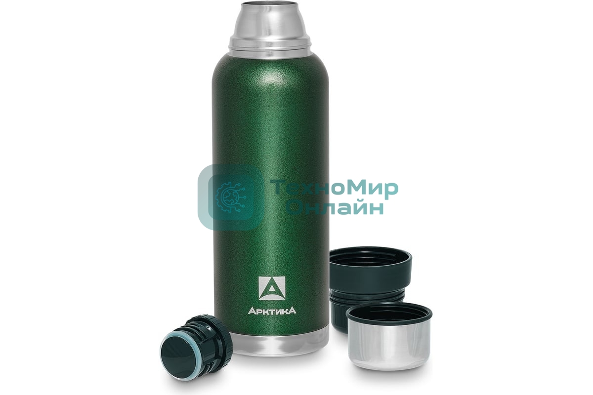 Термос Арктика 106-1200 зеленый, узкое горло 1,2 л, американский дизайн, антивандальное покрытие, две чашки, холод/тепло 32 ч