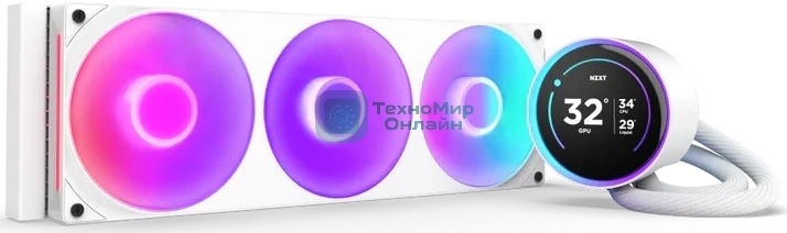 Система жидкостного охлаждения для ПК/Water Cooling System NZXT Kraken Elite 420 RGb (350W, 420мм, LED temp., белый/Fans: 3x140мм, 98.61CFM, 34.5dBA, 2000RPM/Pump height 65мм, 2800RPM, Rad thickness 27мм/S: 1851, 1700, 1200, 115X, AM5, AM4)