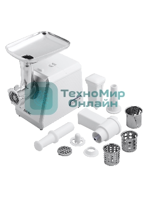 Мясорубка электрическая BBK MG2005 2000 Вт, белый/серый, 2000 Вт, 2.0 кг/мин, реверс, защита от перегрузки, металлический лоток, насадки - 7