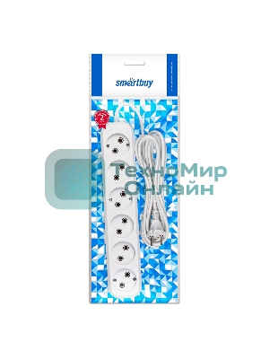 Удлинитель Smartbuy, 6 гнезд 5 метров 10А/2,2 кВт без заземления ПВС 2х1,0 (SBE-10-6-05-N)