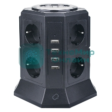 Сетевой фильтр Qumo Power Tower Pro 8SP4U (P-0002), 8 розеток, 2200 Вт, 10A, кабель 2 м 3*1 мм чистая медь, пожаробезопасный пластик, евровилка, 4 USB порта 4.5A суммарно