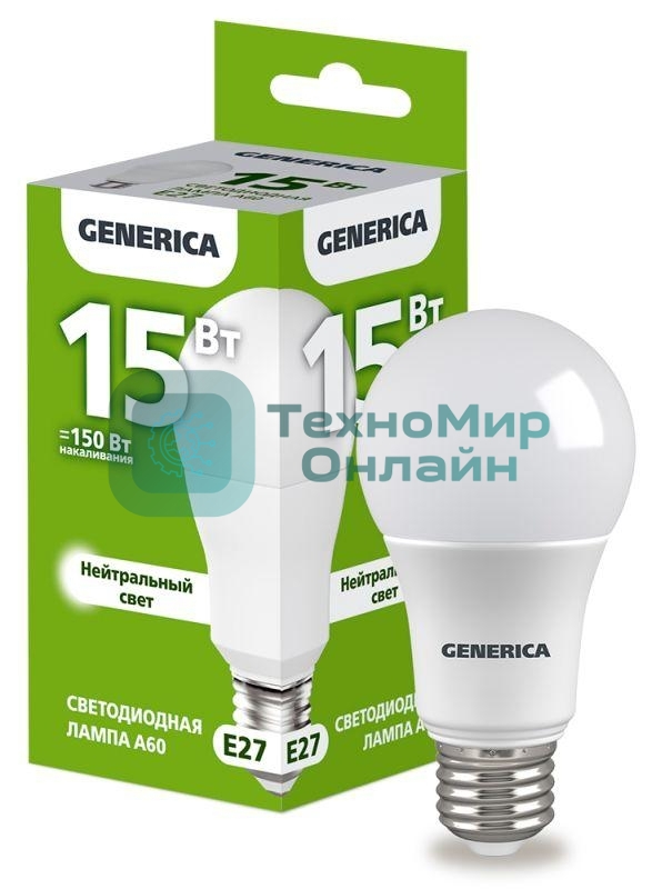 Лампа светодиодная GENERICA LL-A60-15-230-40-E27-G A60 15Вт грушевидная 4000К E27 230В