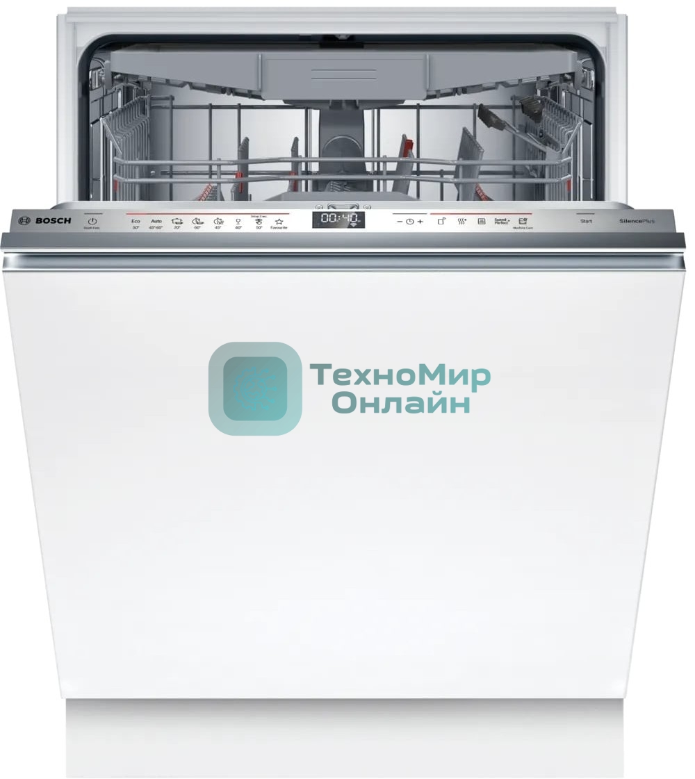 Встраиваемая посудомоечная машина Bosch SMD6ECX12E 60см., SilencePlus; Класс A-A-A; загрузка на 14 комплектов посуды, сенсорное управление, 8 программ, 59.8x55x81.5-87.5 см,сушка: с открыванием дверцы/с теплообменником, индикация на полу: проекция дисплея