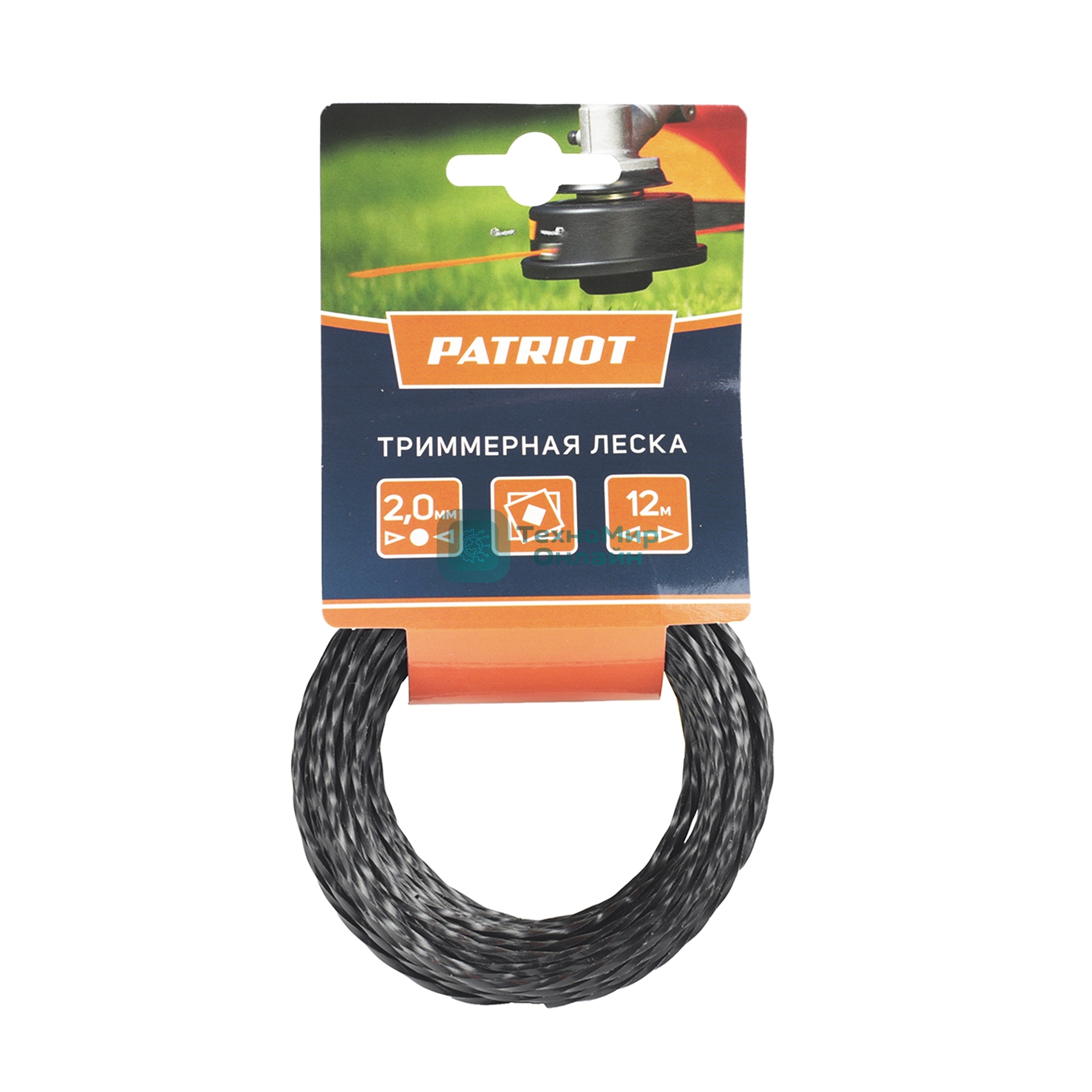 Леска PATRIOT D 2,0 мм L 12 м (скрученный квадрат, черный) 200-12-5, картонный подвес