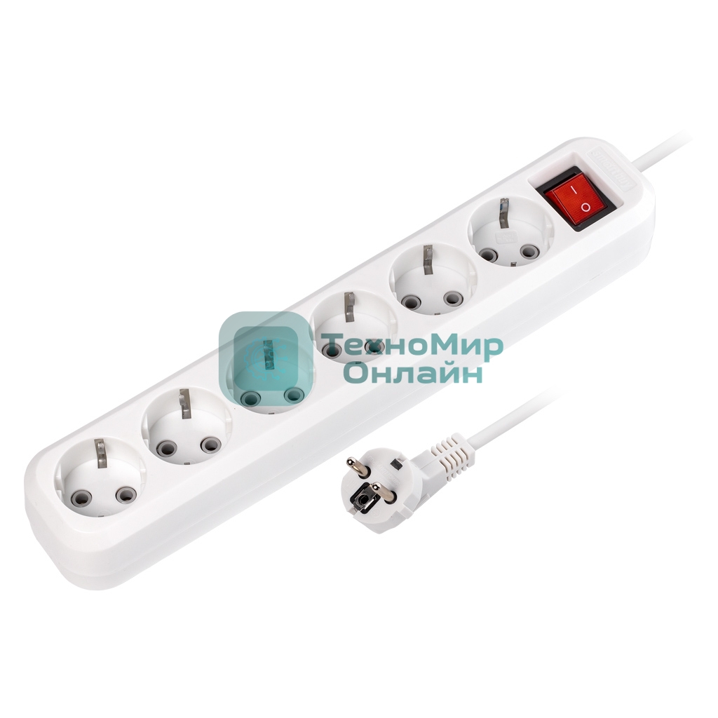 Удлинитель Smartbuy, 6 гнезд 7 м, 16А/3,5 кВт с выкл. и заземлением ПВС 3х1,0 (SBE-16-6-07-ZS)