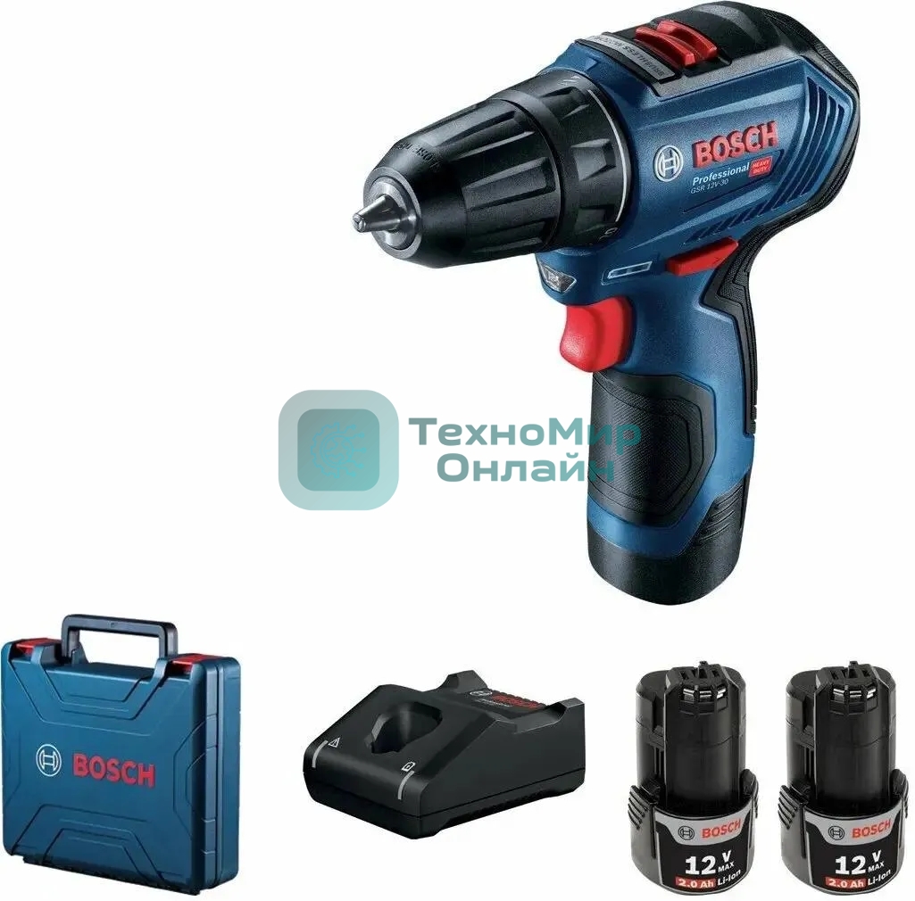 Дрель-шуруповерт Bosch GSR 12V-30, 12 В, 2 Ач, 30 Нм, бесщеточный
