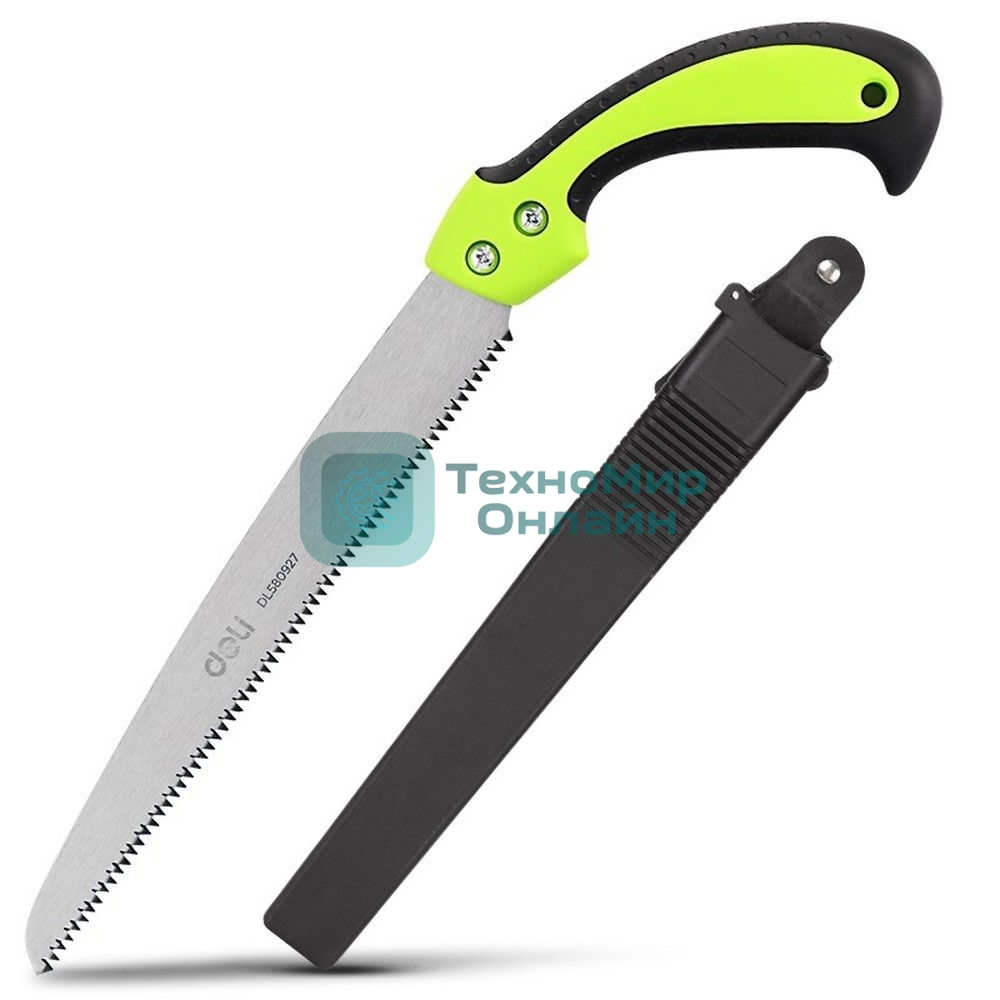 Садовая пила с ножнами Deli DL580927 270мм, сталь 65Mn, шаг зубьев 7TPI, обрезиненая ручка, шлифовка зубов с 3-х сторон, двухрядное распределение кромок