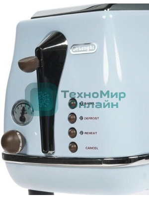 Тостер DeLonghi CTOV 2103.AZ, 900 Вт, на 2 тоста, разморозка, обжаривание, решетка для подогрева, поддон, голубой