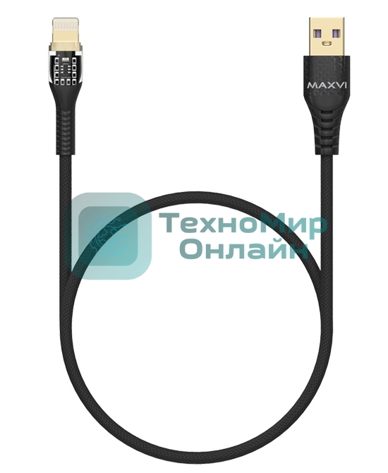 Дата-кабель Maxvi MC-31L USB-Lightning 2.4А, прозрачный корпус, LED подсветка, 1.2м, черный