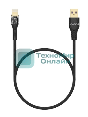 Дата-кабель Maxvi MC-31L USB-Lightning 2.4А, прозрачный корпус, LED подсветка, 1.2м, черный