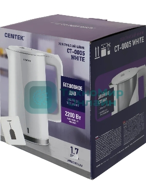 Чайник электрический Centek CT-0005 2200 Вт, 1.7 л, белый