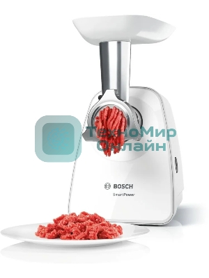 Мясорубка электрическая Bosch MFW2515W белый, 1500 Вт, 1.7 кг/мин, защита от перегрузки, насадки - 4