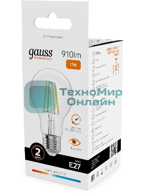 Лампа светодиодная филаментная Gauss Filament 11Вт цок.: E27 груша св. свеч. бел. теп. (упак.: 10 шт)