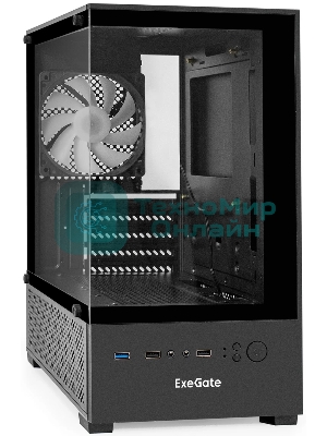 Компьютерный корпус Minitower ExeGate i3 SEA (mATX, без БП, 1*USB+1*USB 3.0, HD аудио, черный, 1 вент. 12см с RGb подсветкой, передняя и боковая панели - закаленное стекло)