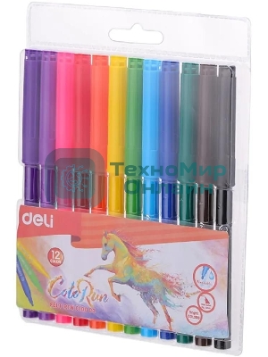 Фломастеры Deli EC10003 ColoRun, вентилируемый колпачок, 12 цветов, пакет с европодвесом