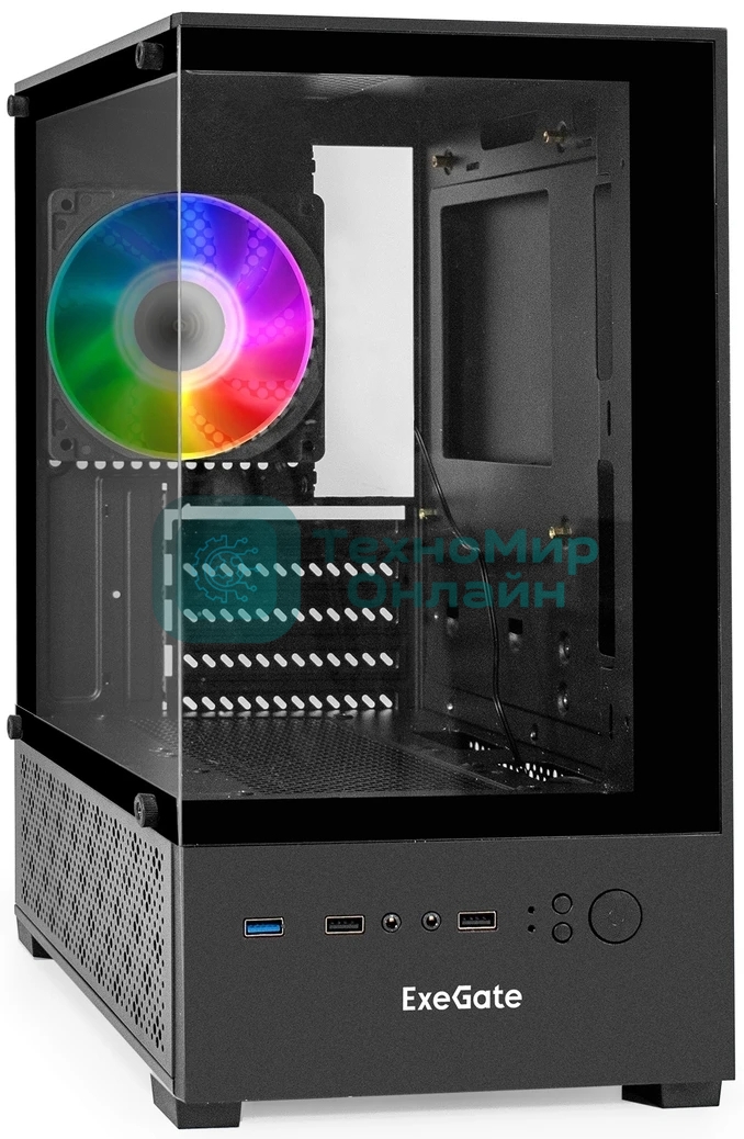 Компьютерный корпус Minitower ExeGate i3 SEA (mATX, без БП, 1*USB+1*USB 3.0, HD аудио, черный, 1 вент. 12см с RGb подсветкой, передняя и боковая панели - закаленное стекло)
