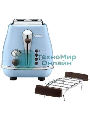 Тостер DeLonghi CTOV 2103.AZ, 900 Вт, на 2 тоста, разморозка, обжаривание, решетка для подогрева, поддон, голубой