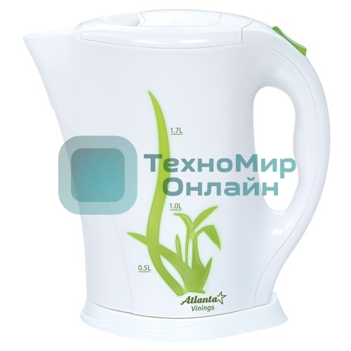 Чайник электрический Atlanta ATH-2305Тэн, 1.7 л, 2000 Вт, белый с зеленым, автомат откл при закипании, защита от перегрева воды, фильтр