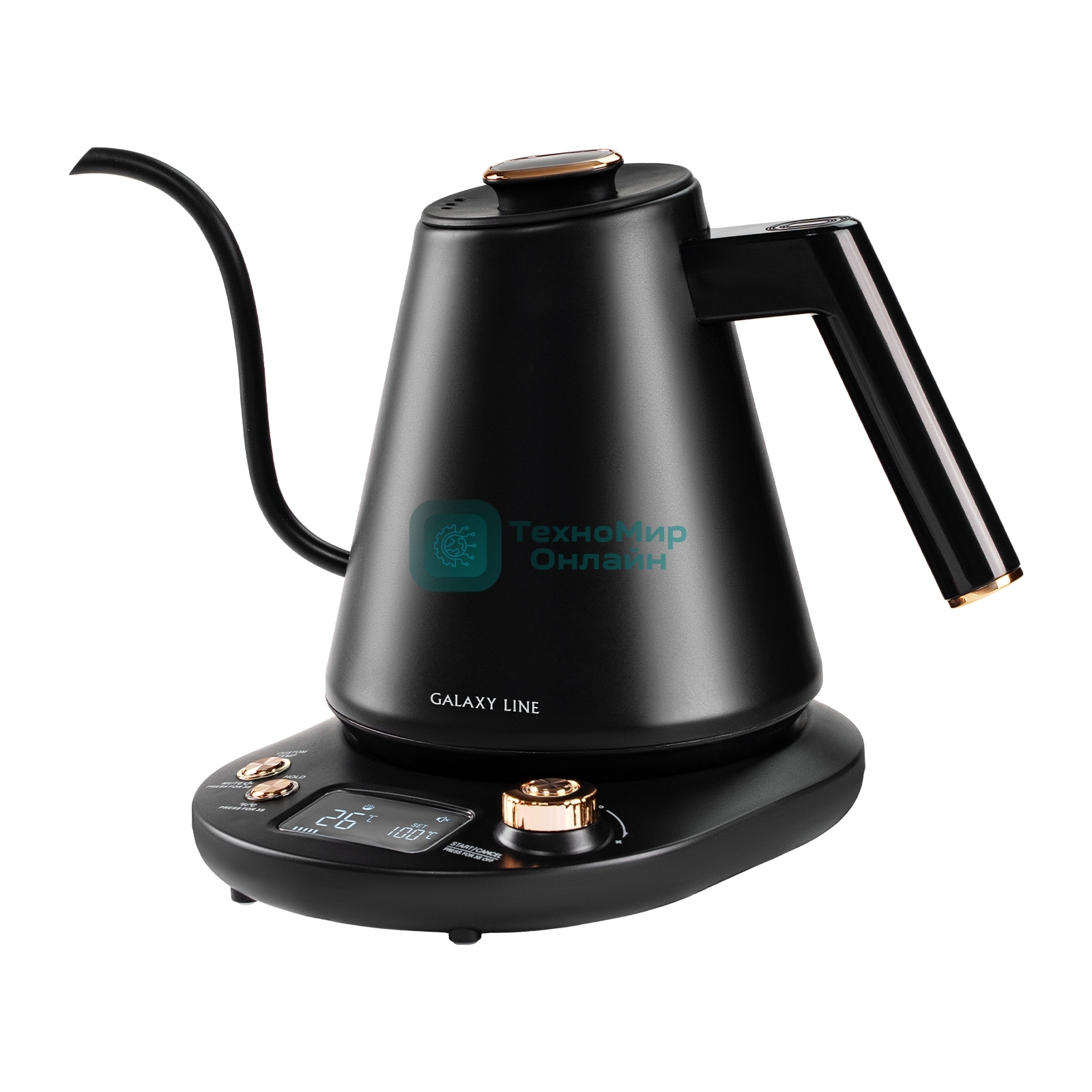 Чайник заварочный для кофе и чая Galaxy LINE GL 0341, черный, металл, 1100 ВТ, 1 л, корпус из нержавеющей стали AISI 304, установка температуры от 40 до 100 °C, функция поддержания температуры, 3 запрограммированных режима нагрева воды до 91°С, 93 °С, 96 °С, удобная форма носика