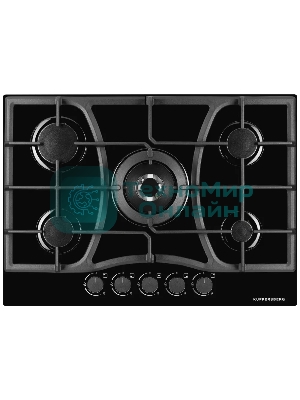 Газовая варочная поверхность Kuppersberg, закаленное стекло, ширина 70 см, 5 газовых конфорок, WOK конфорка(3,8 кВт), автоподжиг, газ-контроль, чугунные решетки, цвет чёрный