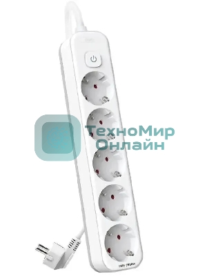 Сетевой фильтр Deli ET438 3 м, 5 розеток, белый (пакет ПЭ)