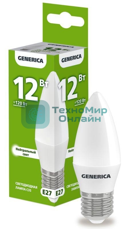 Лампа светодиодная GENERICA LL-C35-12-230-40-E27-G C35 12Вт свеча 4000К E27 230В