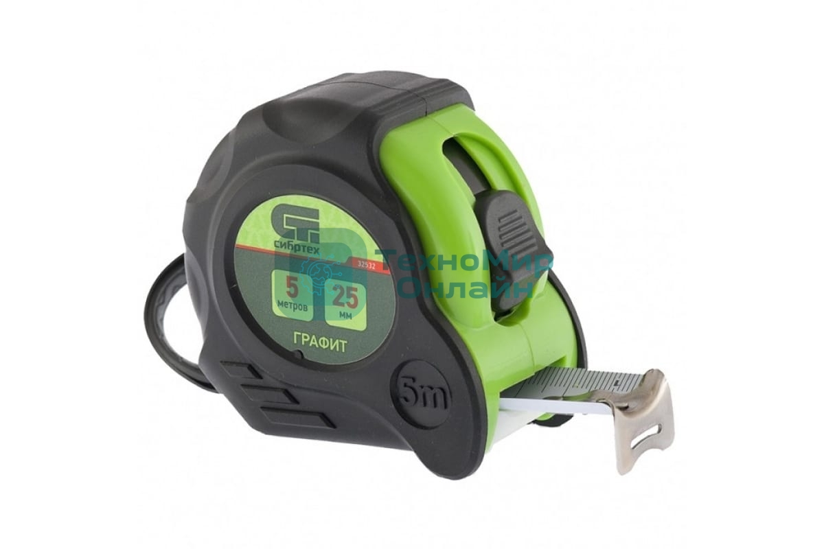 Рулетка Сибртех Графит, обрезиненный корпус, амортизатор, 5 м х 25 мм