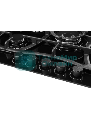 Газовая варочная поверхность Kuppersberg, закаленное стекло, ширина 70 см, 5 газовых конфорок, WOK конфорка(3,8 кВт), автоподжиг, газ-контроль, чугунные решетки, цвет чёрный