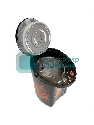 Термопот ВАСИЛИСА ВА-5007 Жостово Объем 4,5 л, Мощность в режиме кипячения 900 Вт. Мощность в режиме поддержания температуры воды 30 Вт. Внутренняя емкость из нержавеющей стали. Вращение корпуса на основании на 360°. Шкала уровня воды. Световые индикаторы работы. 3 способа разлива воды: ручной, автоматический, электрический. Режим поддержания температуры воды. Функции повторного кипячения и дехлорирования воды. Съемный сетевой шнур электропитания. Съемная крышка для удобства очистки. Защита от перегрева. Блокировка ручной помпы от случайного нажатия. Автоматическое отключение при недостаточном количестве воды. Цвет: черный. Декор: Жостово.