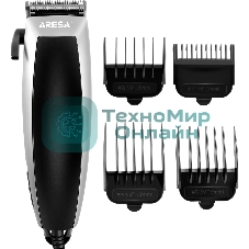 Машинка для стрижки ARESA AR-1803(Мощность 8 Вт. Регулируемая длина лезвия. 4 сменные насадки: 3, 6, 9 и 12 мм. Аксессуары: щеточка для чистки лезвия, расческа, масленка, ножницы.)