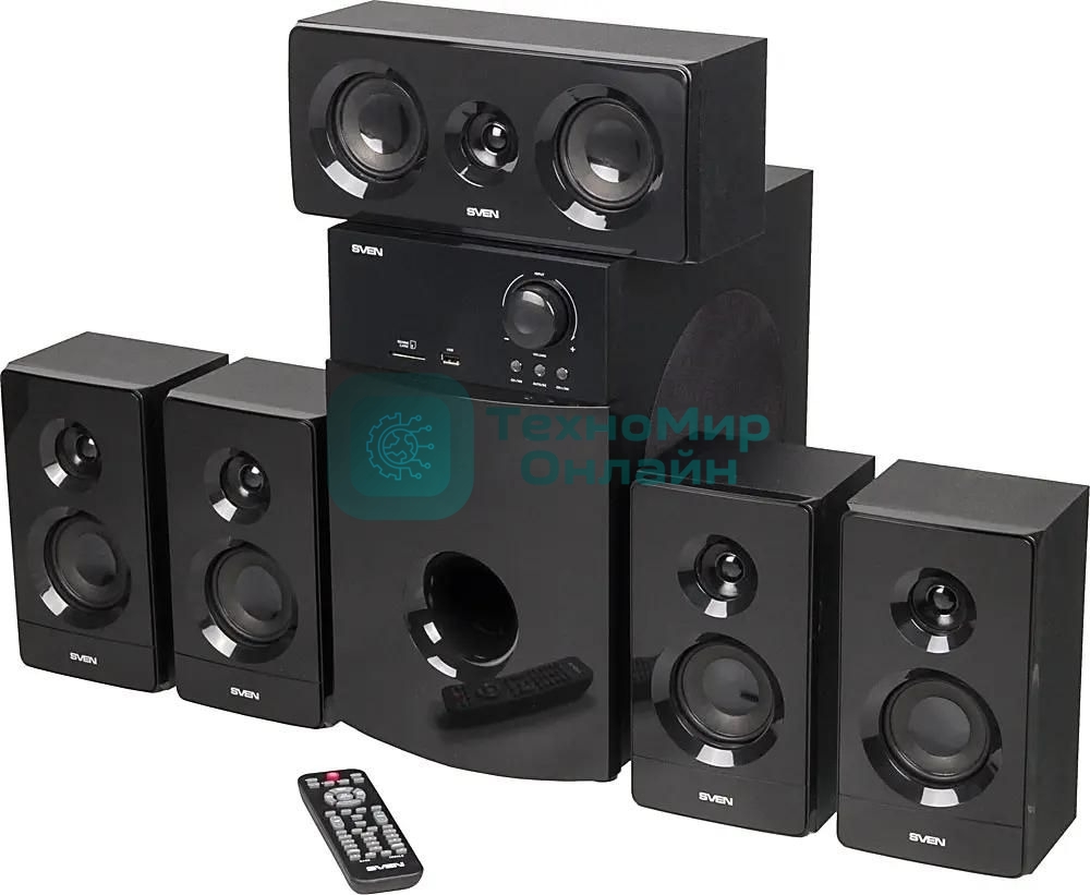 Аудиоколонки SVEN HT-210, черный, акустическая система 5.1, мощность (RMS):50Вт+5x15Вт, Bluetooth, Optical, Coaxial, FM-тюнер, USB/SD, дисплей, ПДУ