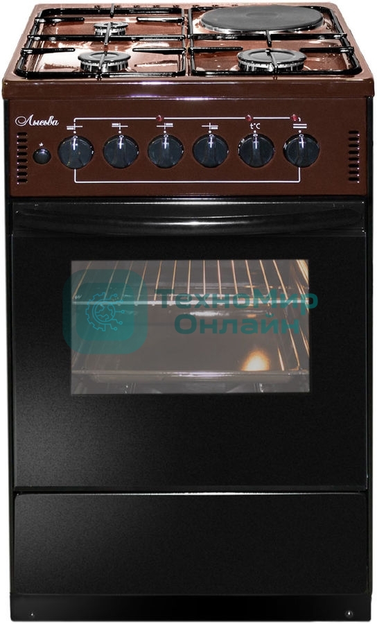 Плита комбинированная Лысьва ЭГ 1/3г01-2у коричневый, конфорок 4 шт (3 газовых + 1 электрическая), духовка 57 л, 50 см x 84 см x 60 см