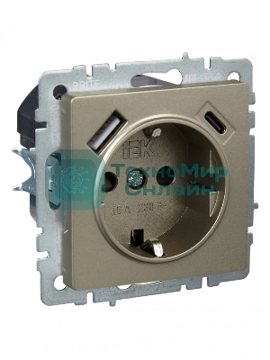 Розетка 1-местная IEK BRITE РЮш11-1-БрШ (BR-R14-16-U22-018-K37) с заземлением, с защитными шторками, 16А, с USB A+C 18 Вт, шампань