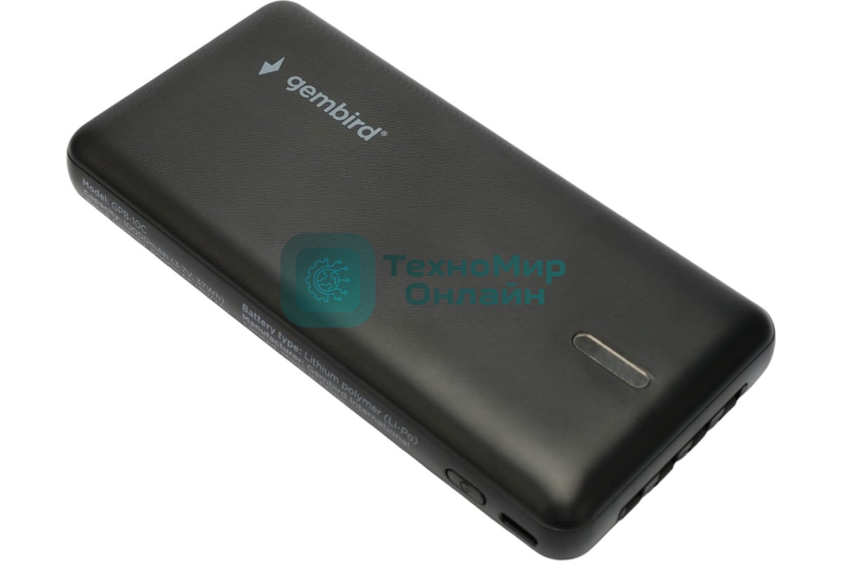 Портативный аккумулятор Gembird GPB-10C, 10000мА·ч, 2A, 4 встроенных кабеля, черный