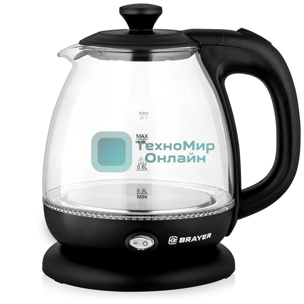 Чайник электрический BRAYER BR6106, 1100 Вт, 1 л, стеклянный, автоотключение, подсветка, черный