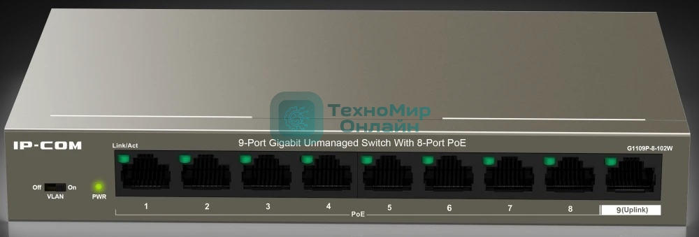 Коммутатор неуправляемый PoE IP-COM G1109P-8-102W 9 портов, 9x1 Гбит/с, PoE 8х92 Вт, настольный