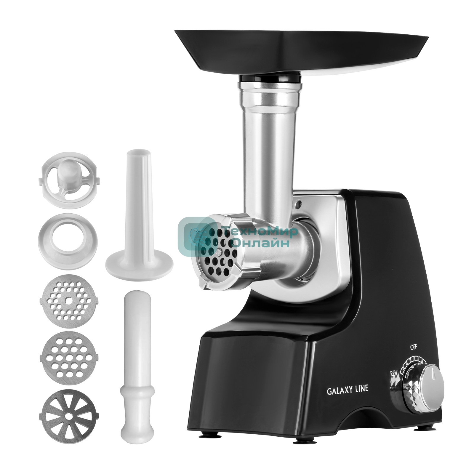 Мясорубка электрическая Galaxy Line GL2415 черный, 1500 Вт, 1.2 кг/мин, реверс, защита от перегрузки, насадки - 5