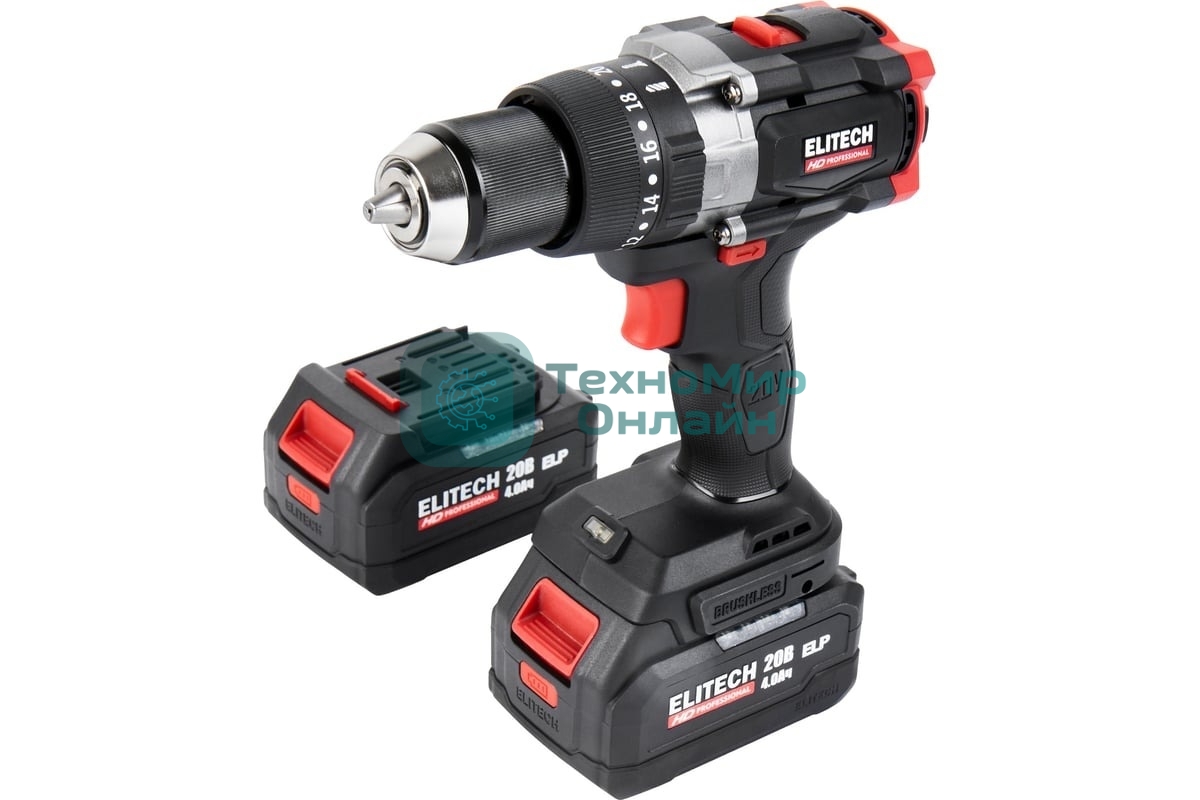 Дрель-шуруповерт Elitech CD 20BL2, 20 В, 4 Ач, 130 Нм, бесщеточный