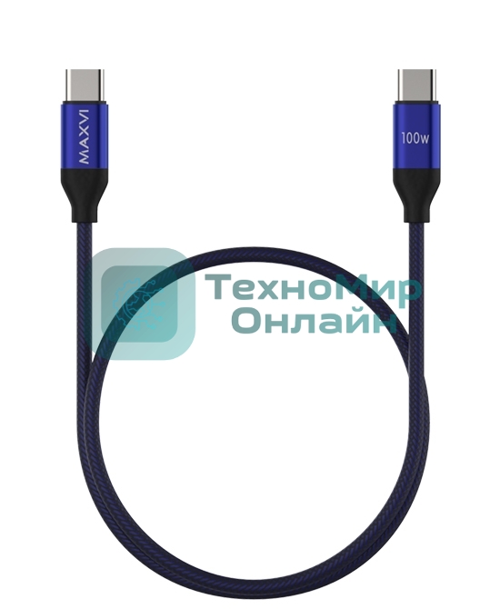 Кабель Maxvi MCw-100TT blue USB-C - USB-C, 5A разъемы USB-C - USB - C, Максимальная мощность 100W, ток макс. нагрузки 5А, макс. напряжение 20V;стандарт USB 3.1, длина 1.2м, нейлоновая оплетка, металлические корпуса разъемов, цвет синий.