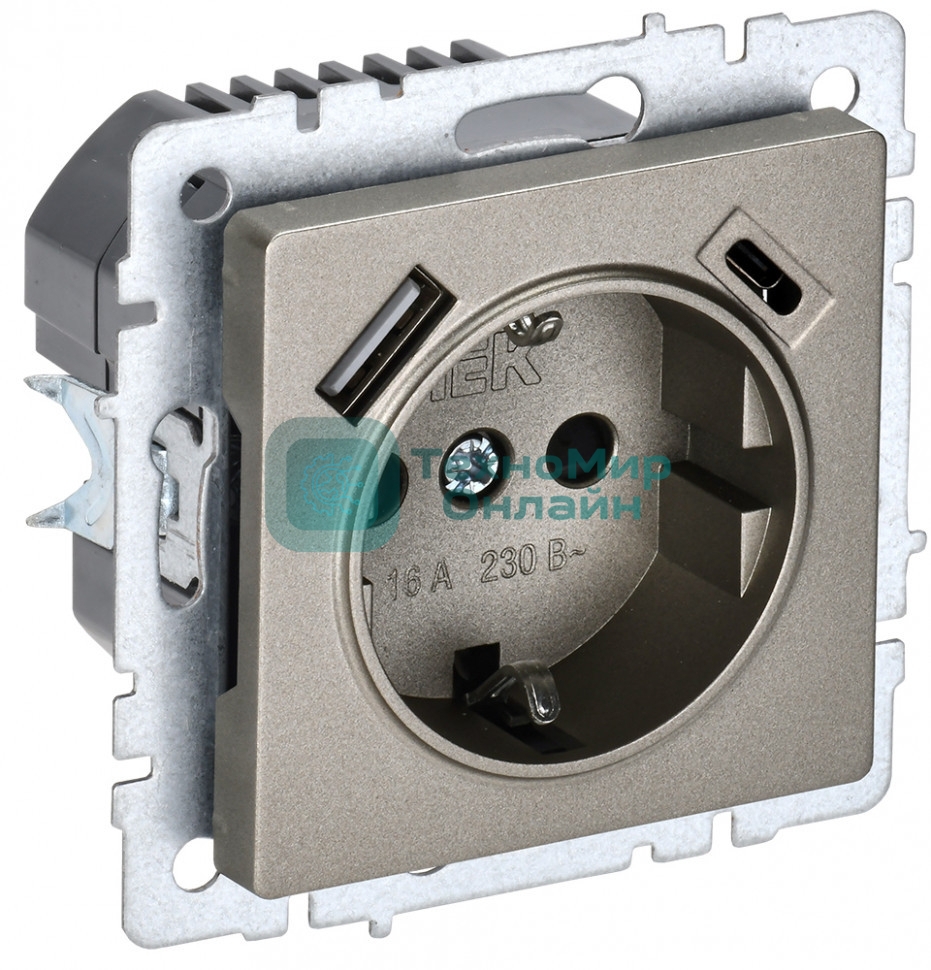 Розетка 1-местная IEK BRITE РЮш11-1-БрШ (BR-R14-16-U22-018-K37) с заземлением, с защитными шторками, 16А, с USB A+C 18 Вт, шампань