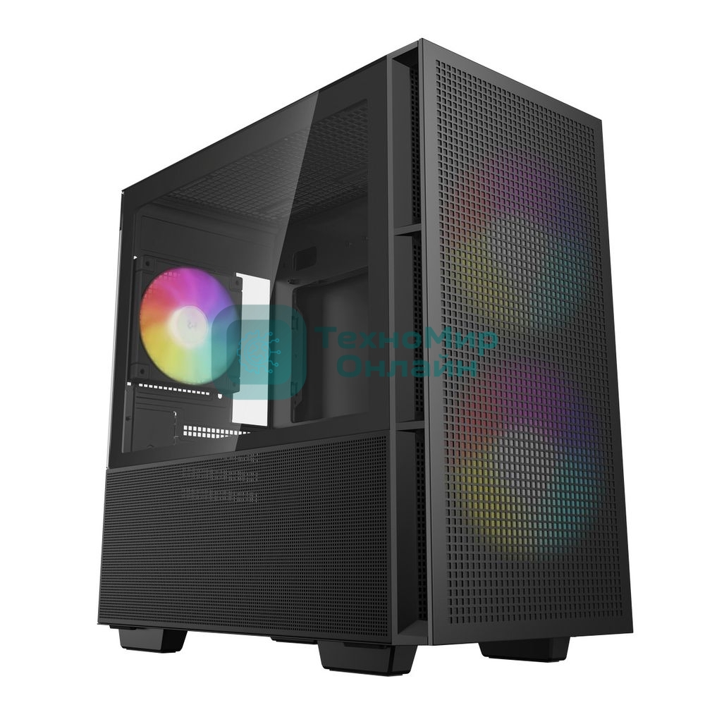 Компьютерный корпус Deepcool CH360 без БП, боковое окно (закаленное стекло), 2x140мм ARGb LED вентилятор спереди и 1x120мм ARGb LED вентилятор сзади, черный, mATX