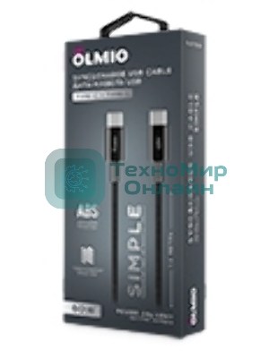 Кабель OLMIO SIMPLE, Type-C - Type-C, 60W 3A, 1.2м, тканевая оплетка, черный