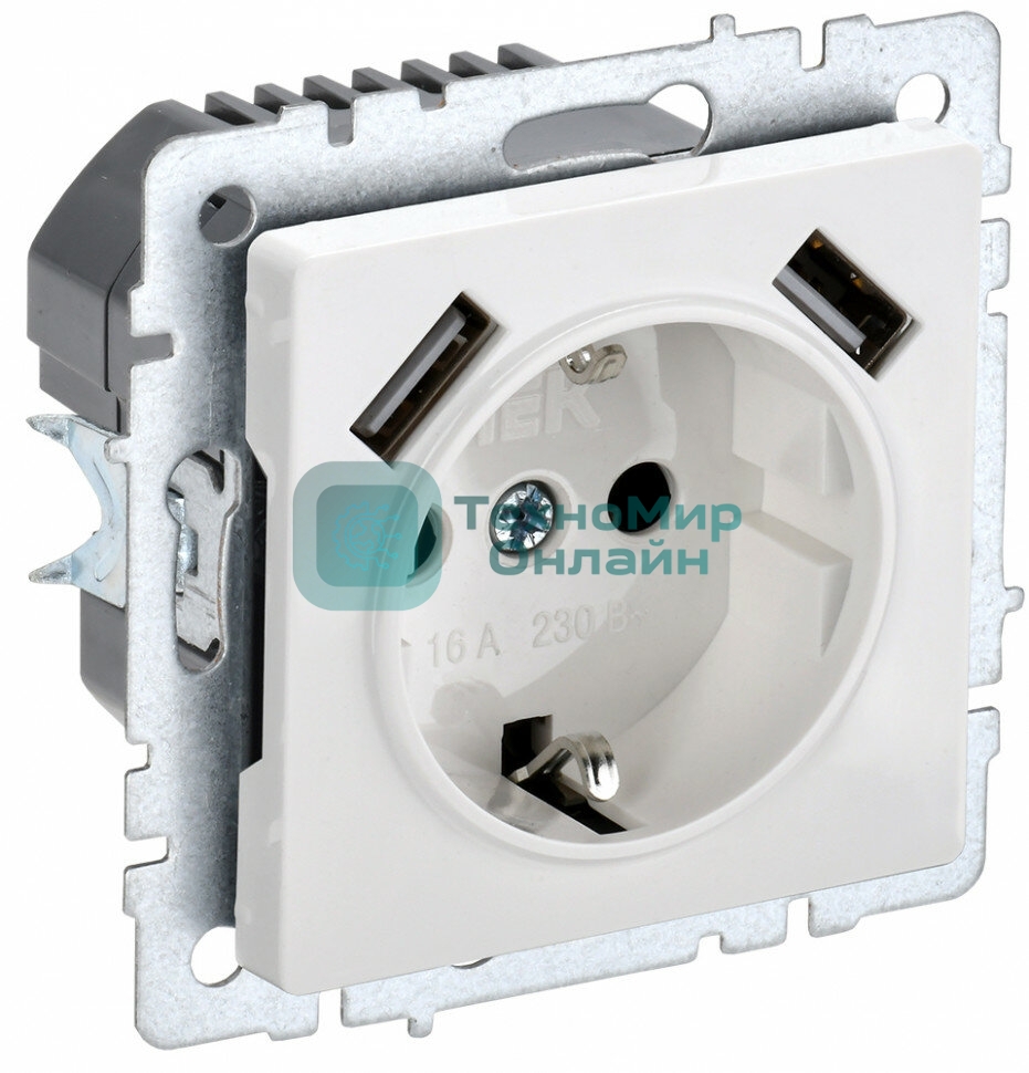 Розетка 1-местная IEK BRITE РЮш10-1-БрБ (BR-R14-16-U21-D21-K01) 16А, с USB A+A 2.1А, с заземлением с защитными шторками, белый