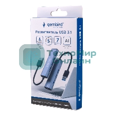 Разветвитель USB3.1 Gembird UHB-U3P7-01, 7хUSB, с доп.питанием (порт Type-C), кабель USB 19см, алюминий, коробка