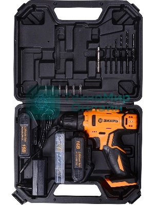 Дрель-шуруповерт аккумуляторная Вихрь ДА-16Л-2КА 72/14/49, Аккумуляторная, 16В, 2 АКБ, Кейс