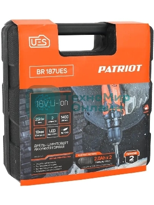 Дрель-шуруповерт Patriot BR 187UES, Аккумуляторная, 18В, 2 АКБ, Кейс