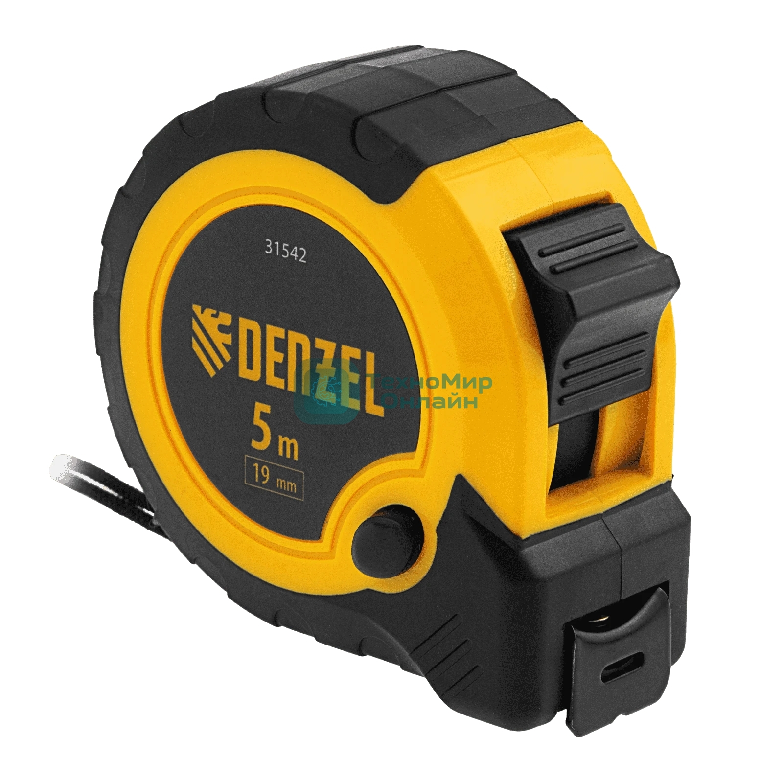 Рулетка Denzel 5м х 19мм, двухкомп. корпус, кнопка-пауза